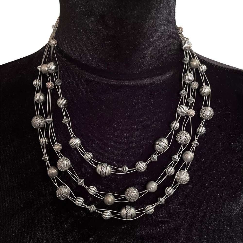 Silver-Tone Multi-Strand Beaded Statement Necklace • Textured Metal Beads • Boho